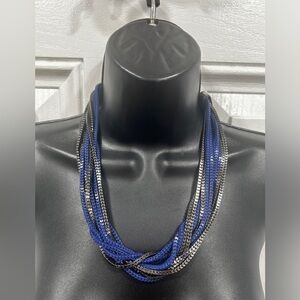 Multi Strand Box Chain Necklace Silver Tone & Blue 19" to 22" Vintage 10 Strand